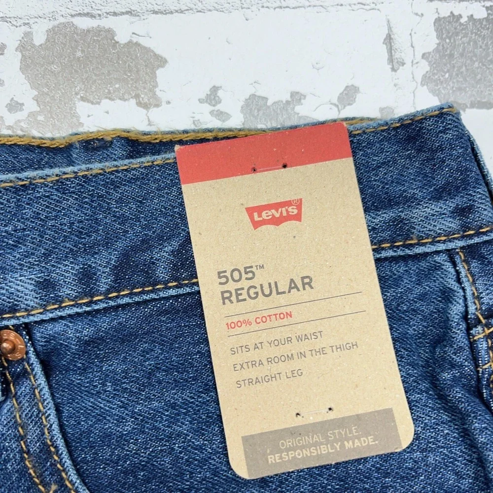 Levis 505 Jeans Men 40x32 Regular Fit Dark Blue Wash Denim Pants Adult CC4 - Picture 11 of 16